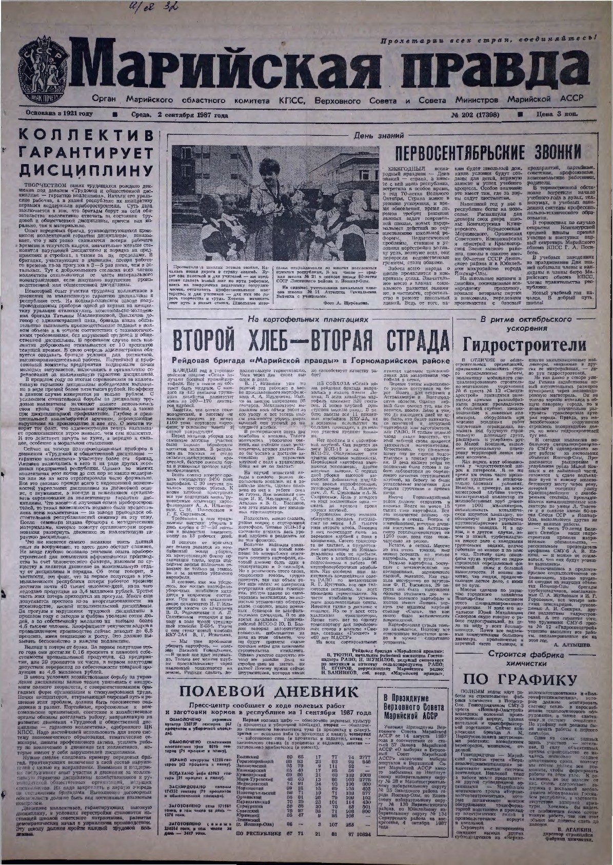 Газета «Марийская правда» от 02.09.1987