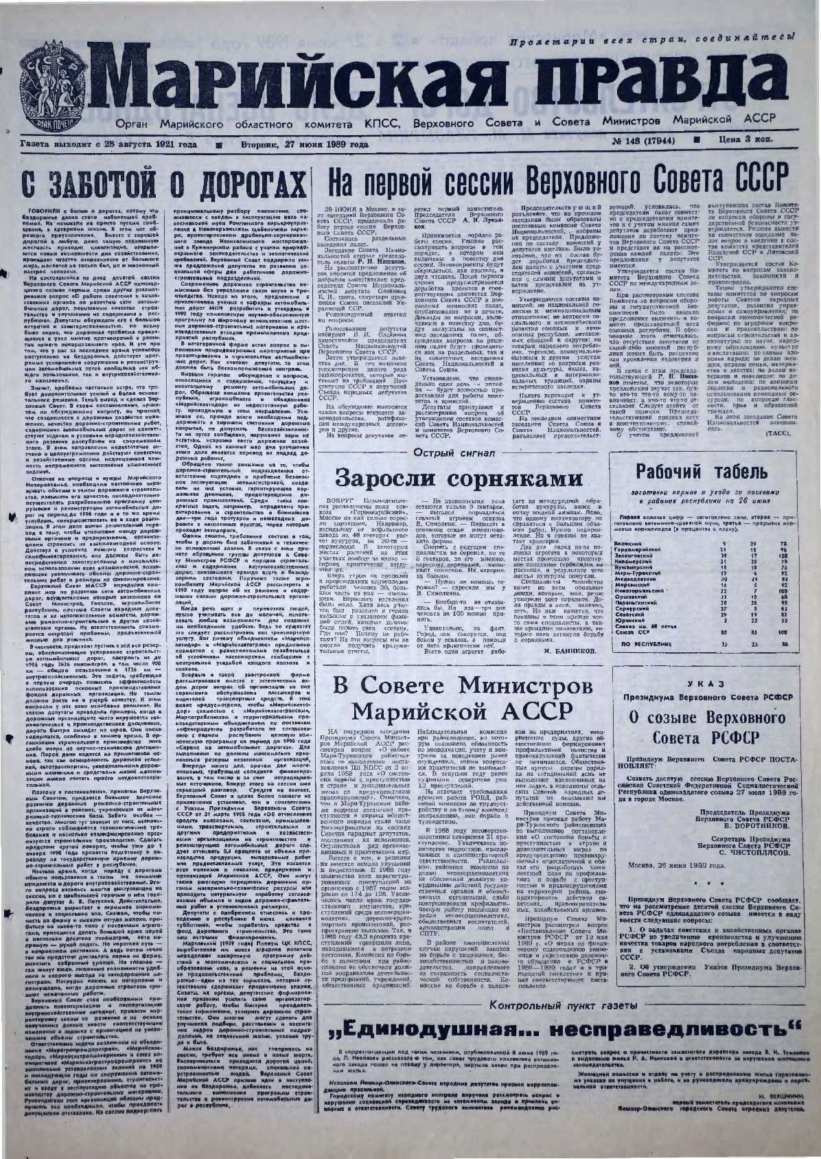 Газета «Марийская правда» от 27.06.1989
