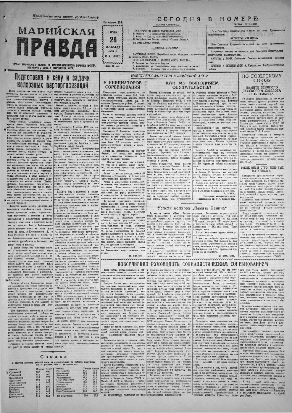 Газета «Марийская правда» от 28.02.1951