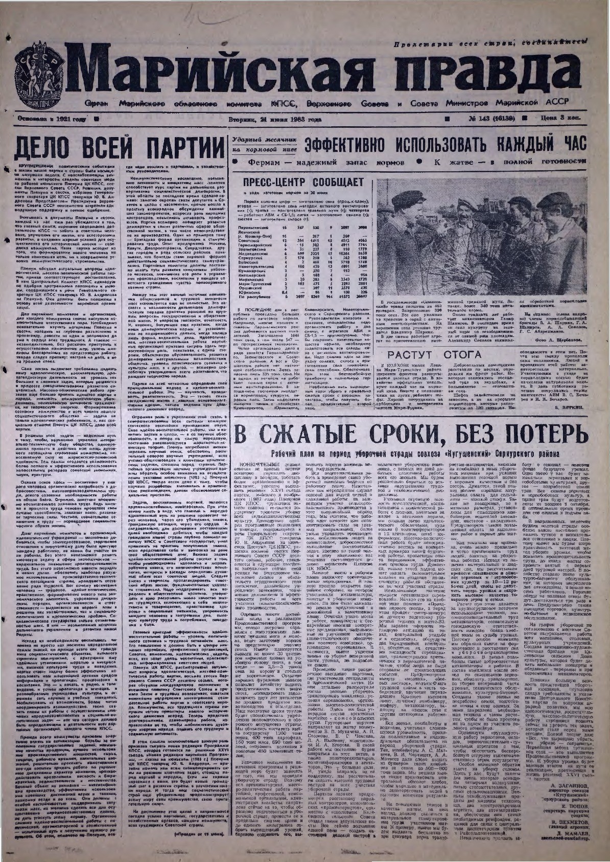 Газета «Марийская правда» от 21.06.1983