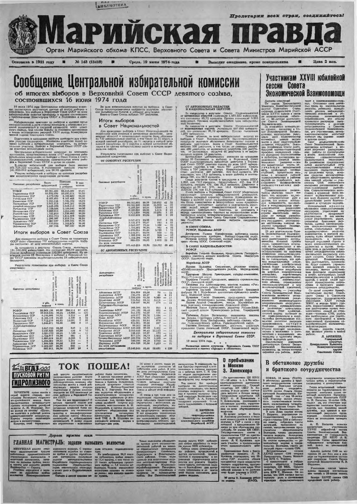 Газета «Марийская правда» от 19.06.1974