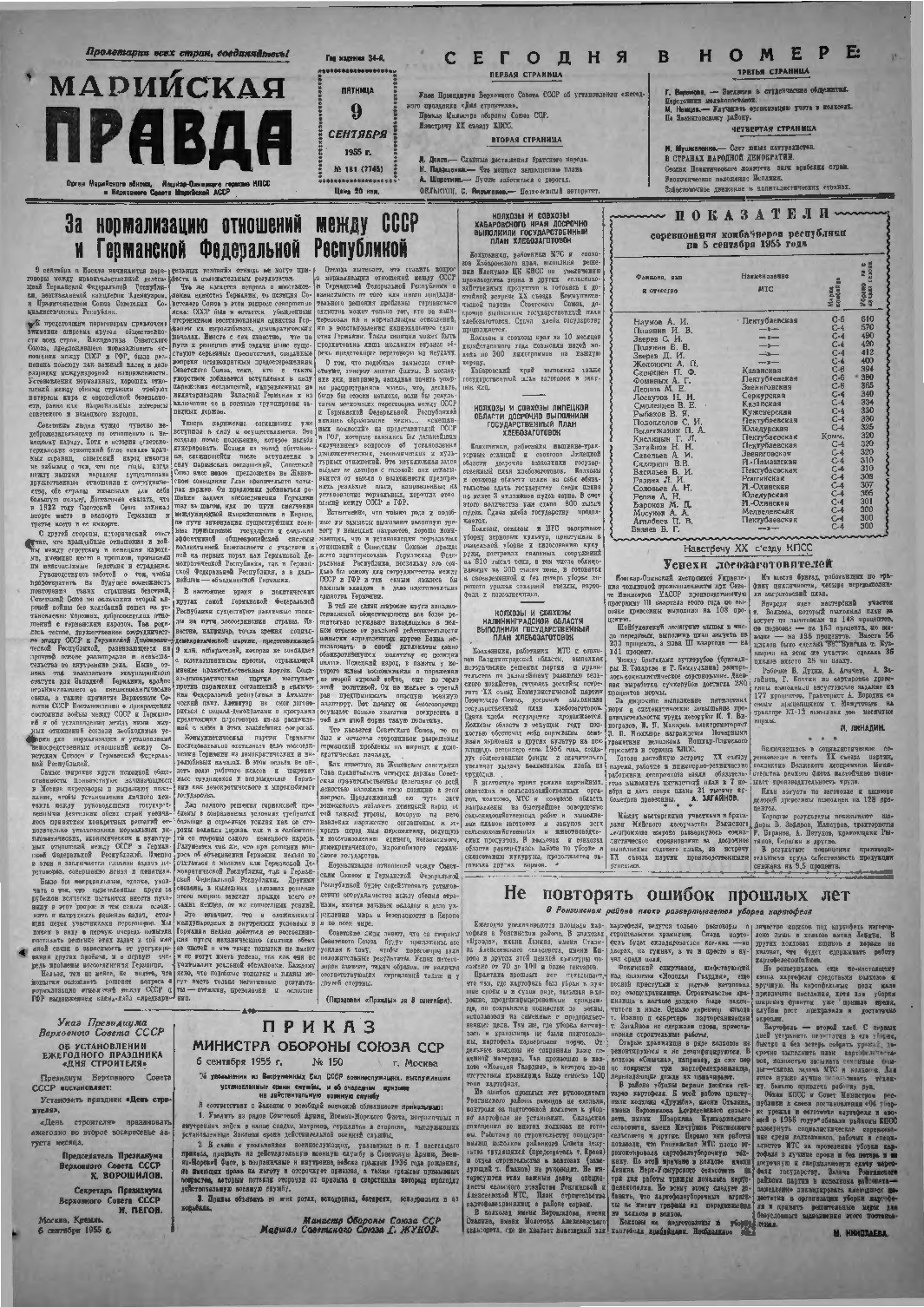 Газета «Марийская правда» от 09.09.1955