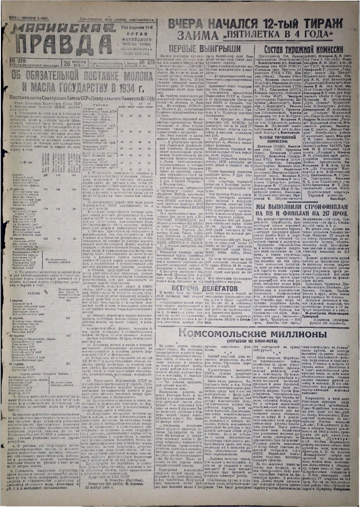 Газета «Марийская правда» от 26.11.1933