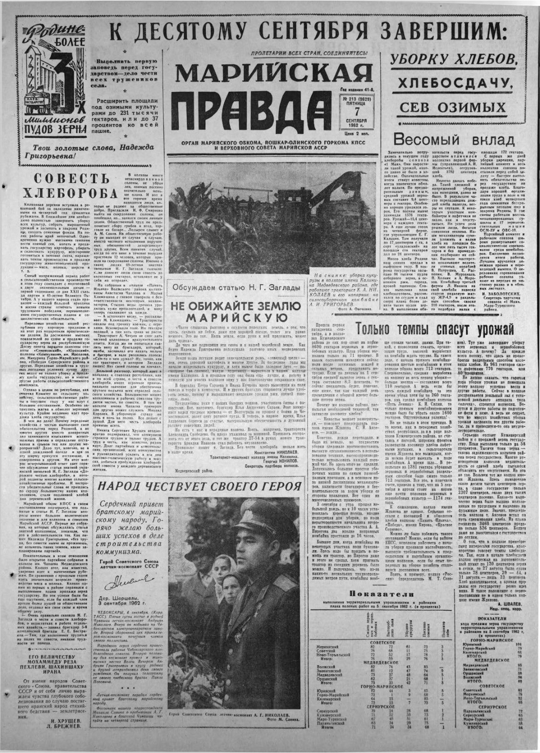 Газета «Марийская правда» от 07.09.1962