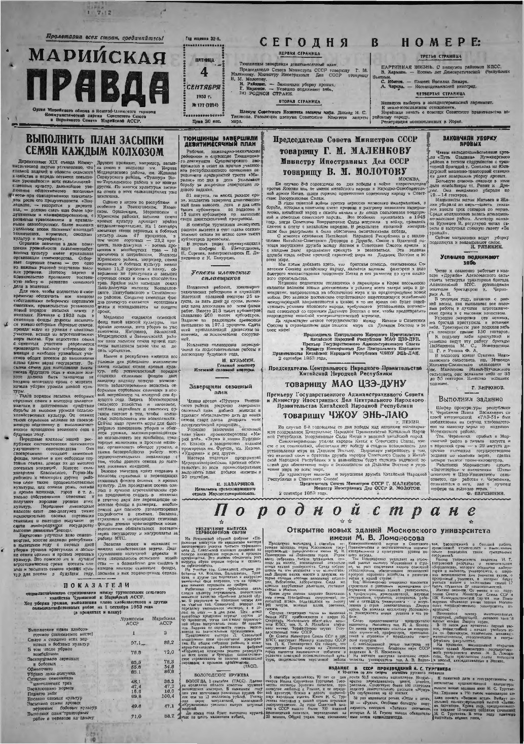 Газета «Марийская правда» от 04.09.1953