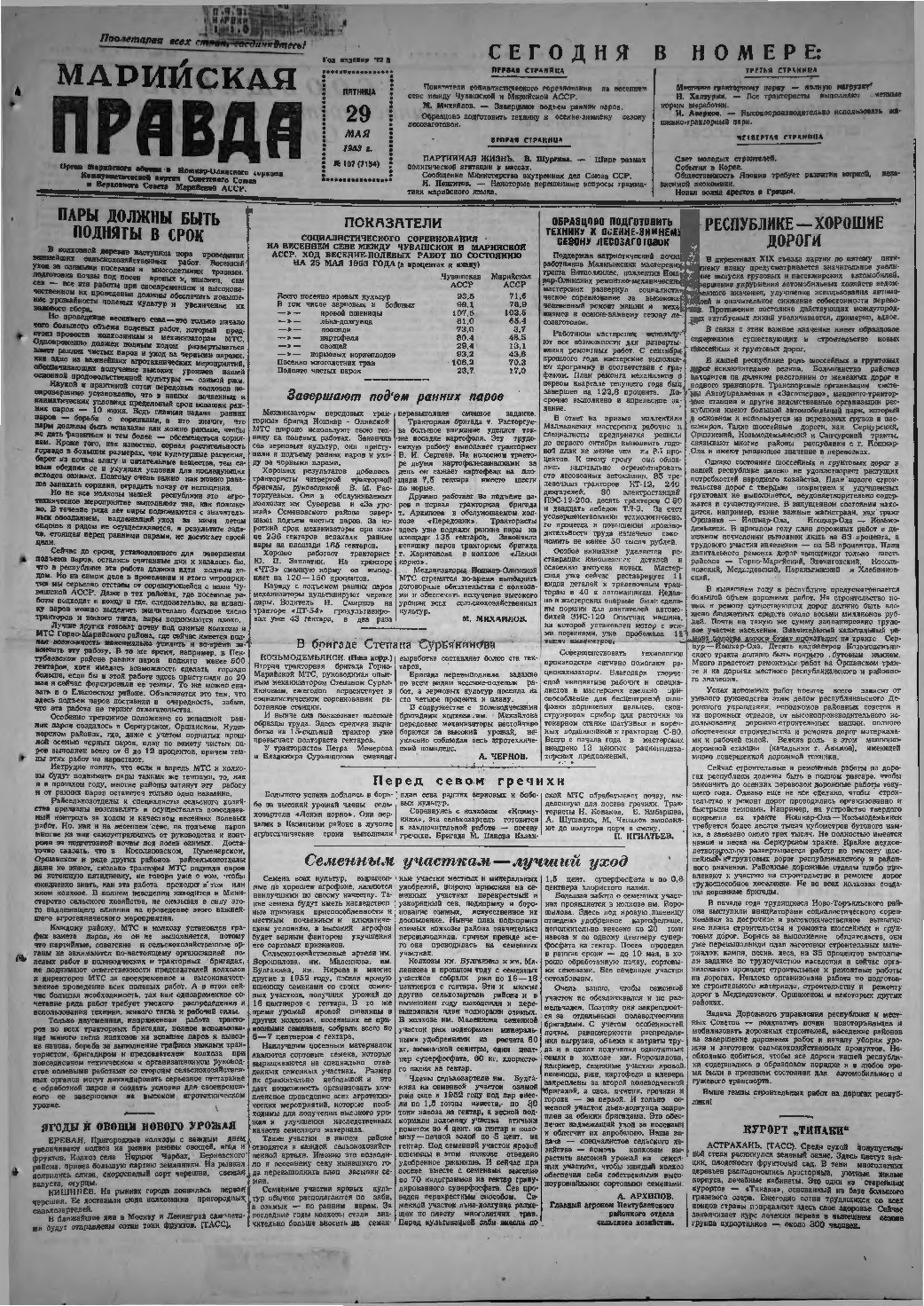 Газета «Марийская правда» от 29.05.1953