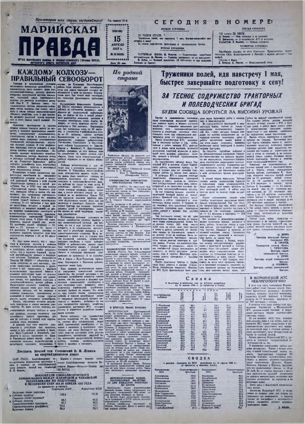 Газета «Марийская правда» от 15.04.1952