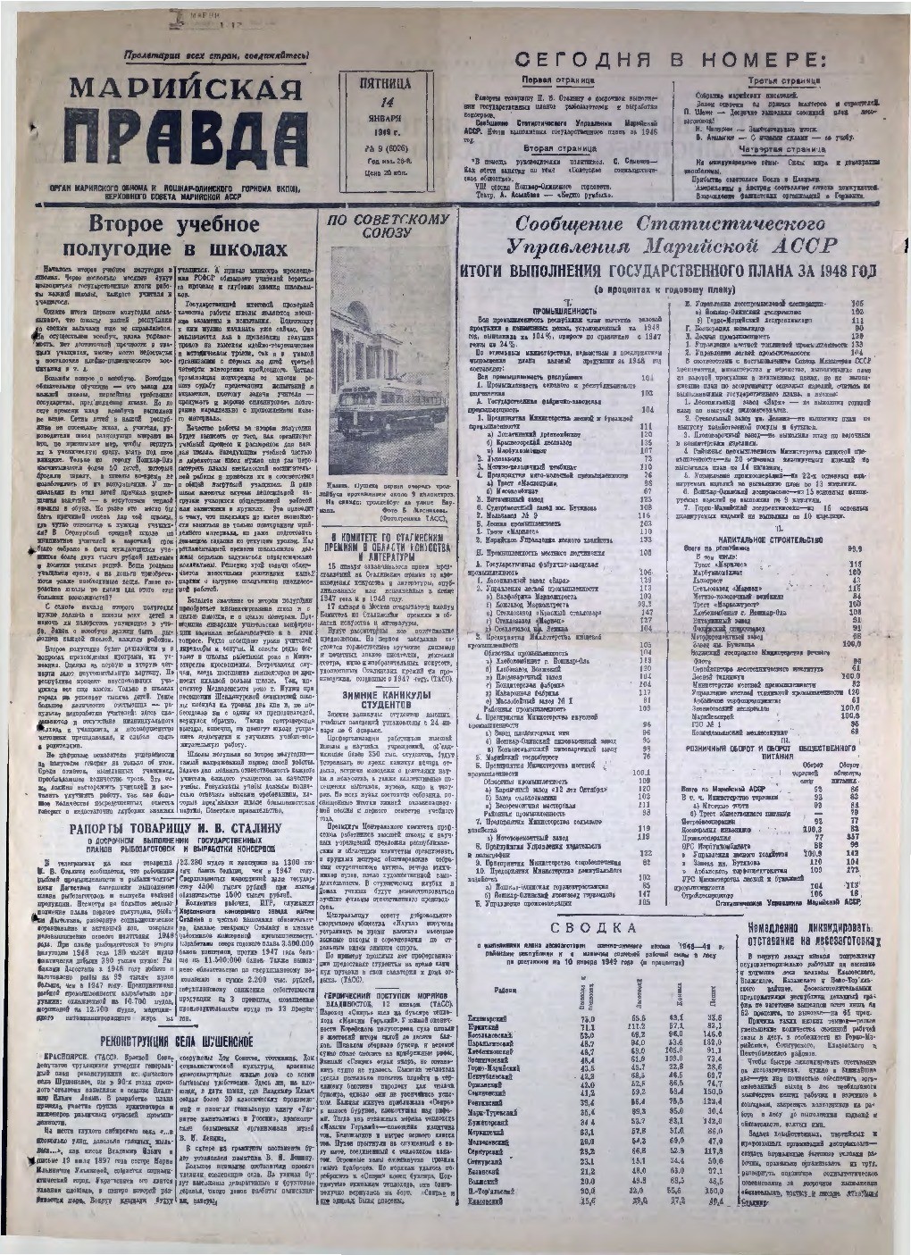 Газета «Марийская правда» от 14.01.1949