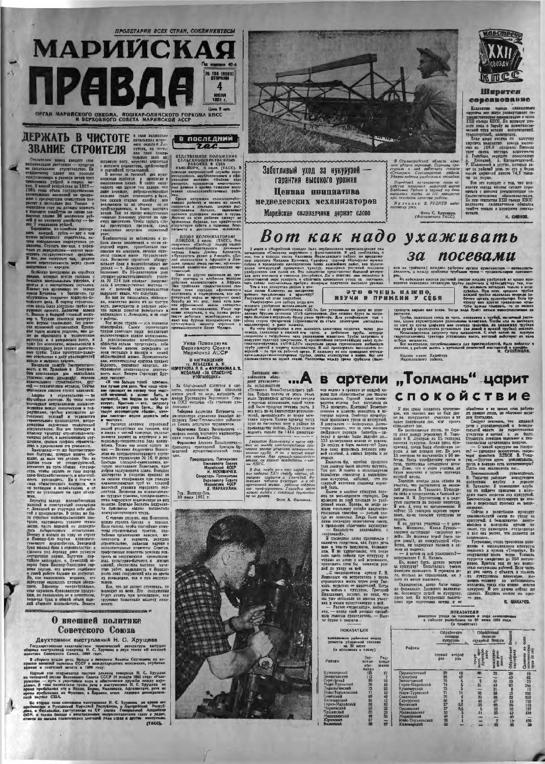 Газета «Марийская правда» от 04.07.1961