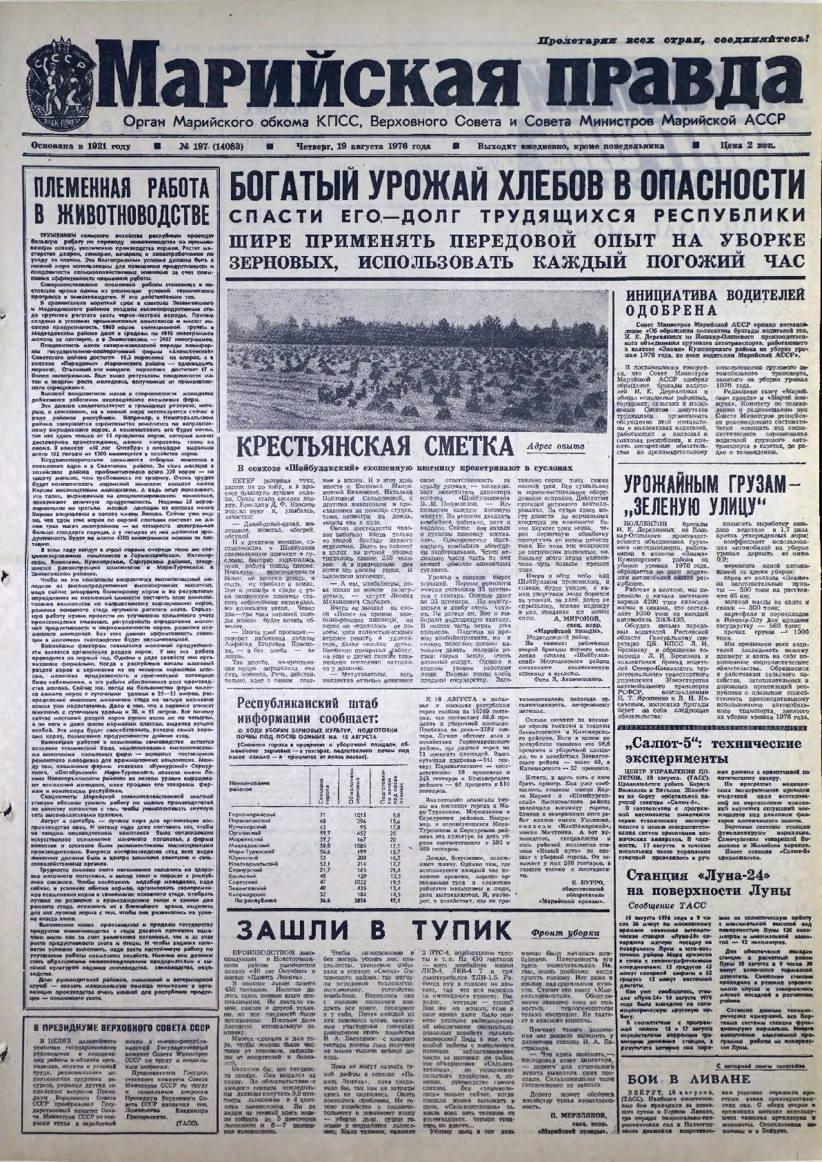 Газета «Марийская правда» от 19.08.1976