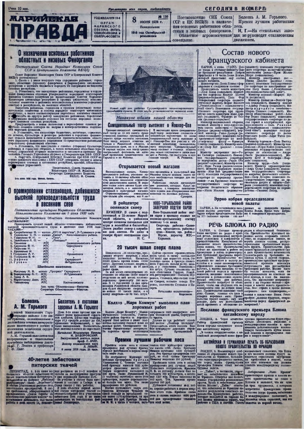 Газета «Марийская правда» от 08.06.1936