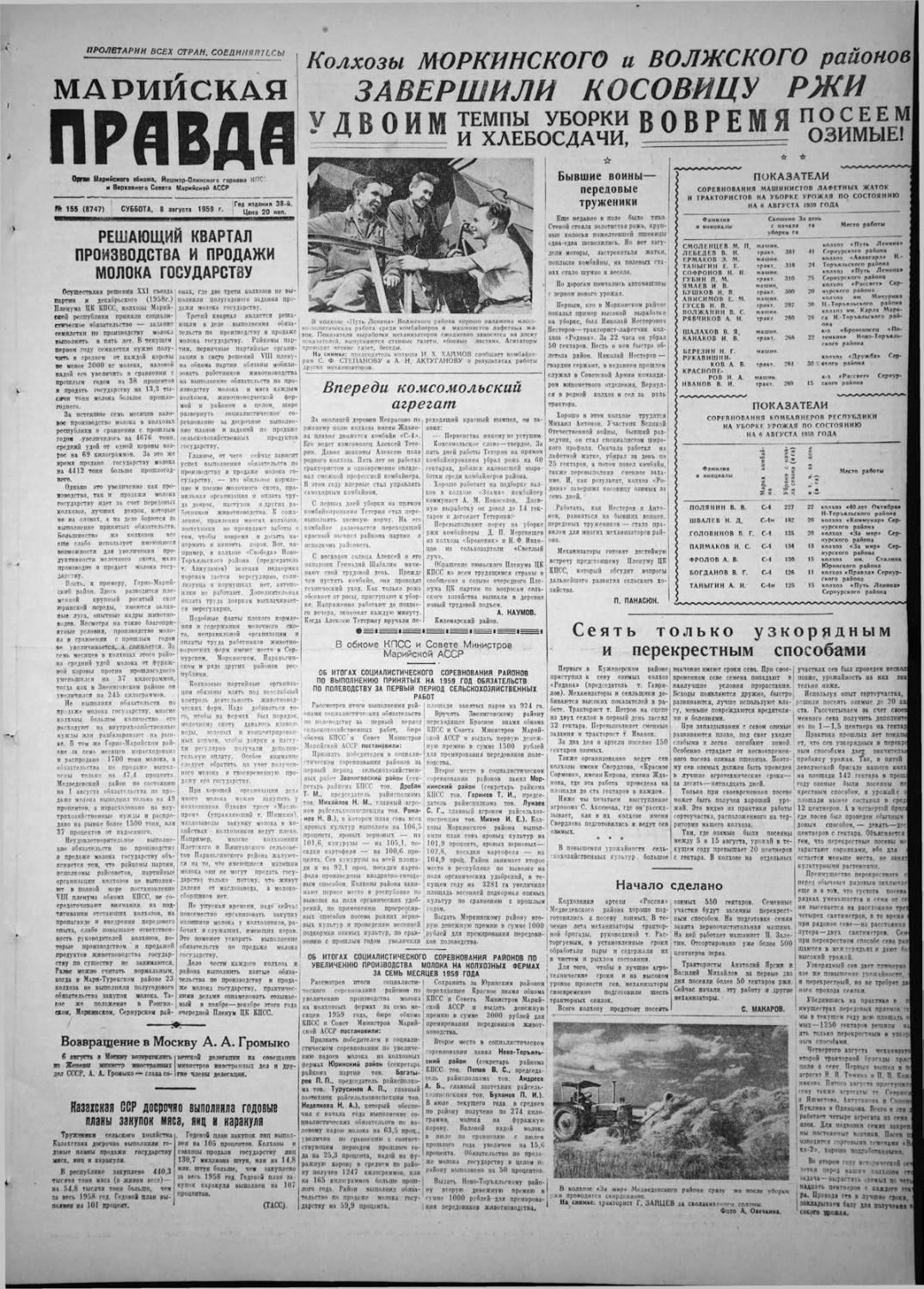 Газета «Марийская правда» от 08.08.1959