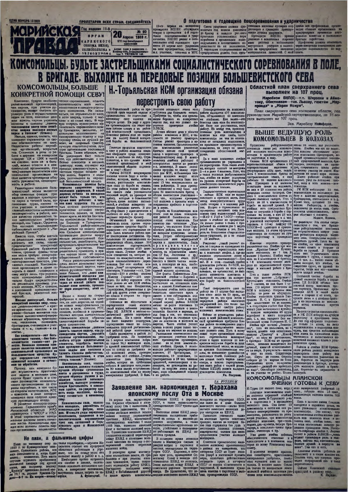 Газета «Марийская правда» от 20.04.1933