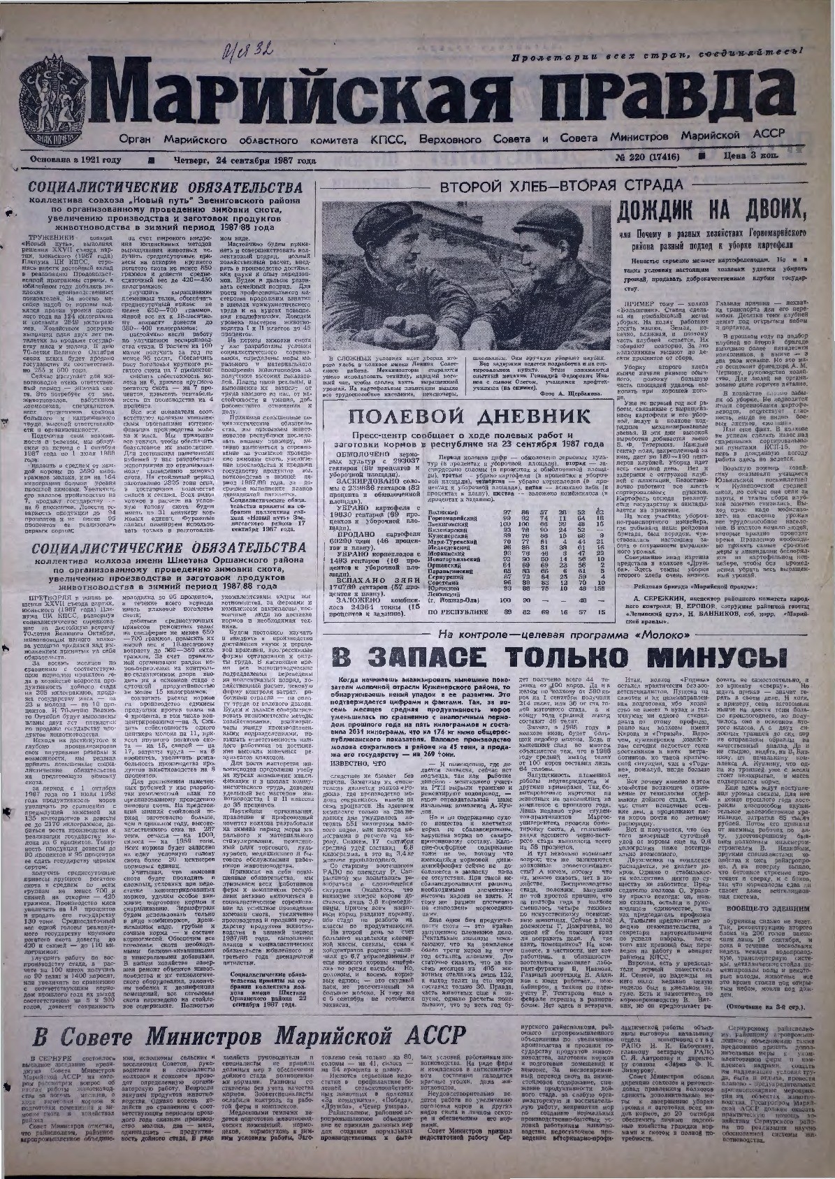 Газета «Марийская правда» от 24.09.1987