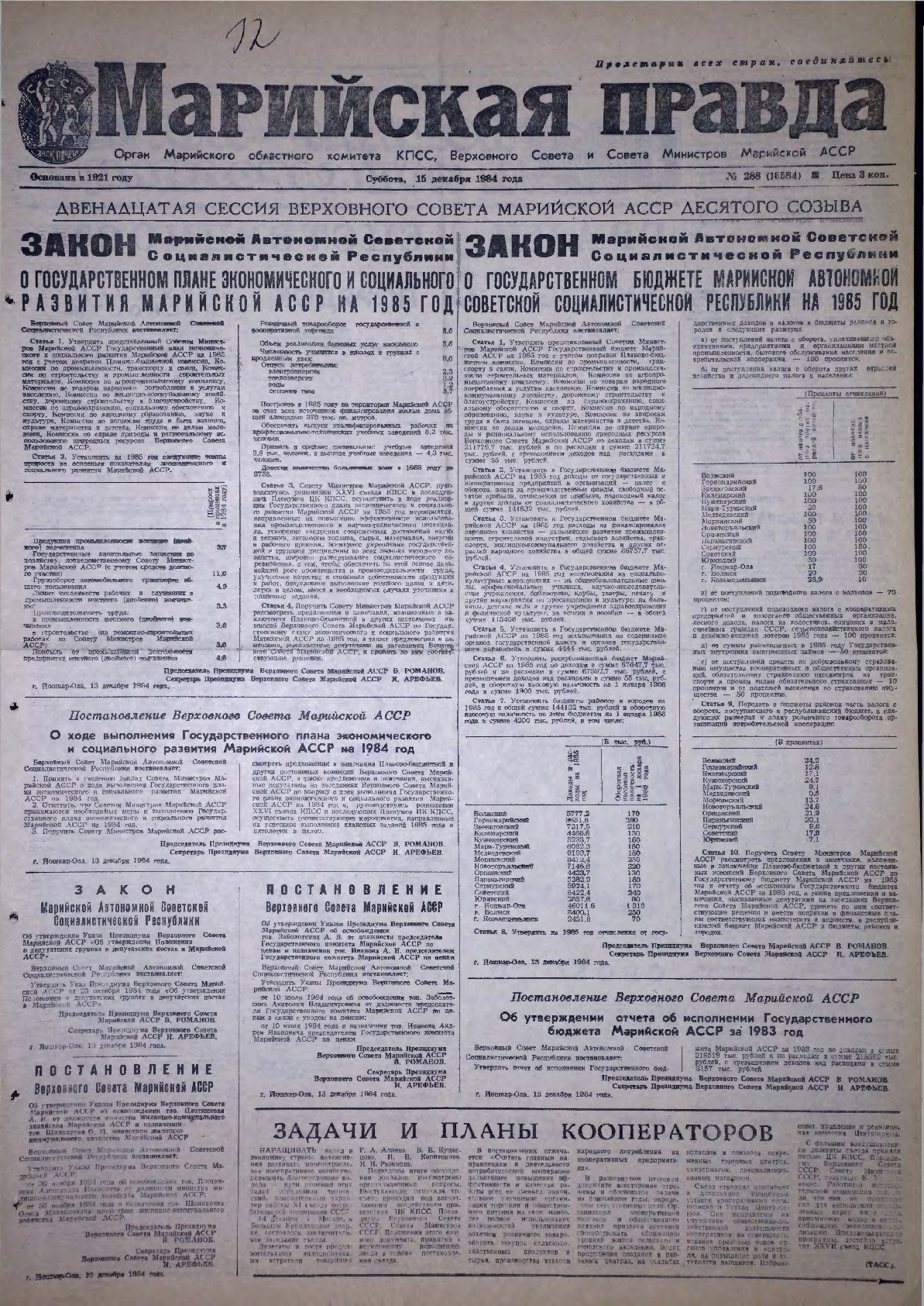 Газета «Марийская правда» от 15.12.1984
