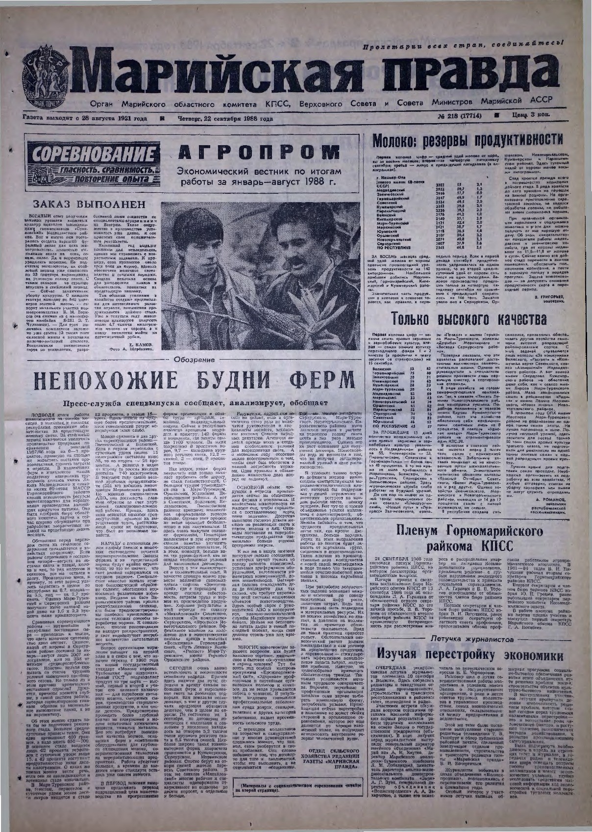 Газета «Марийская правда» от 22.09.1988