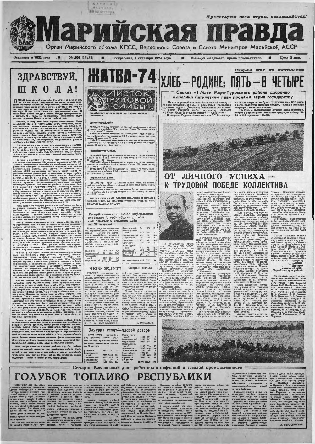 Газета «Марийская правда» от 01.09.1974