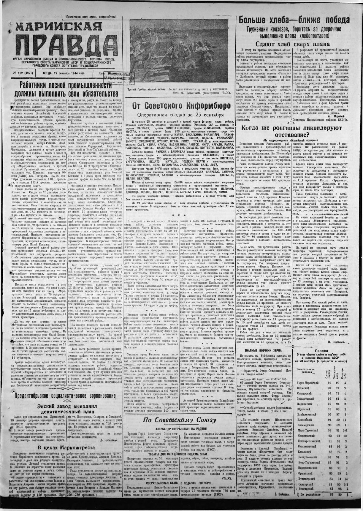 Газета «Марийская правда» от 27.09.1944