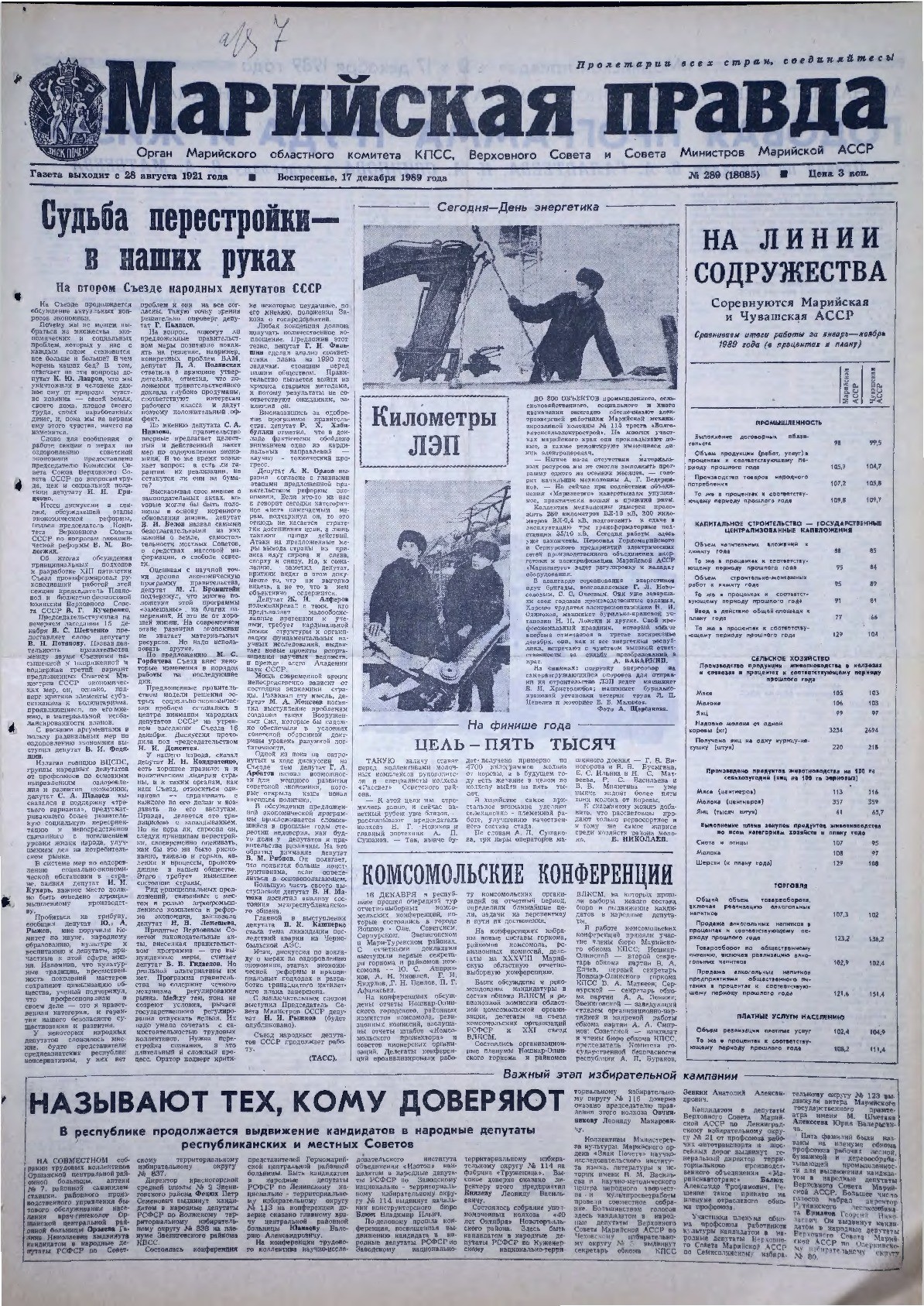Газета «Марийская правда» от 17.12.1989