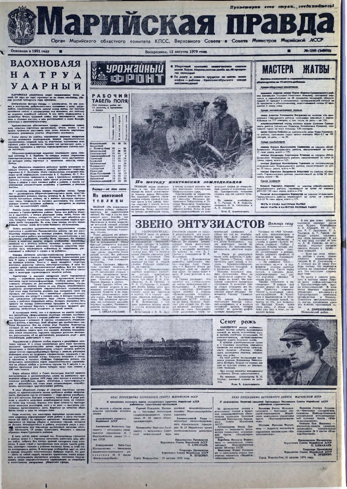 Газета «Марийская правда» от 12.08.1979