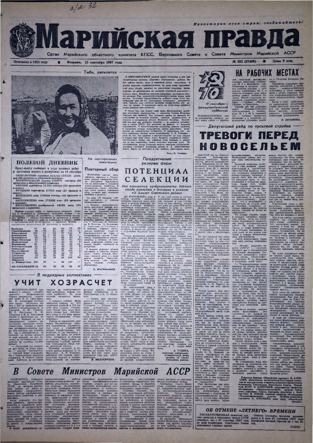 Газета «Марийская правда» от 15.09.1987