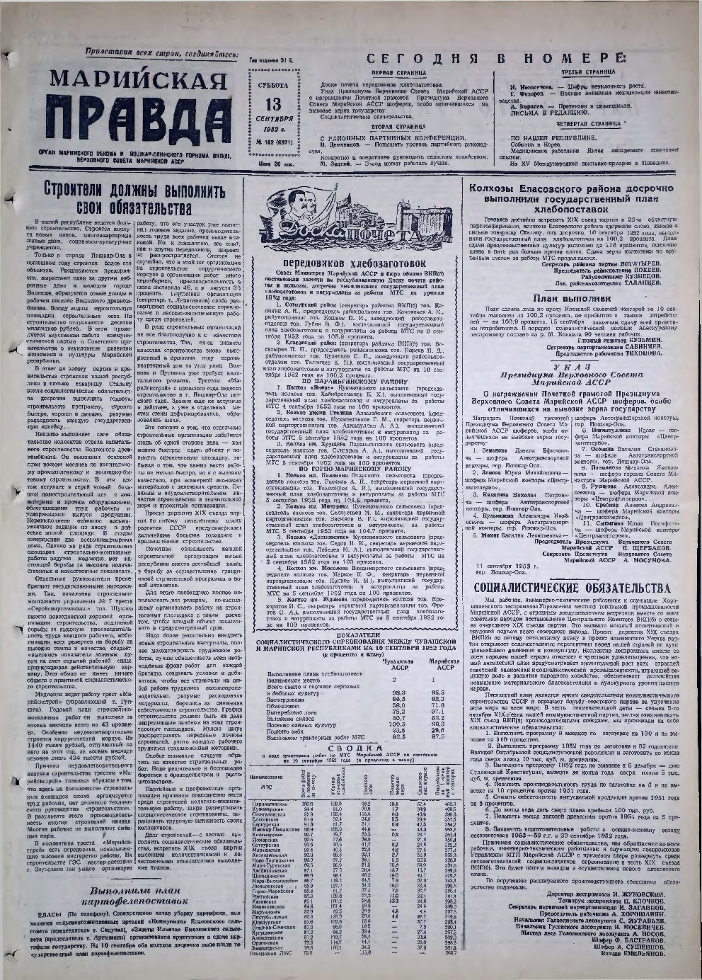 Газета «Марийская правда» от 13.09.1952