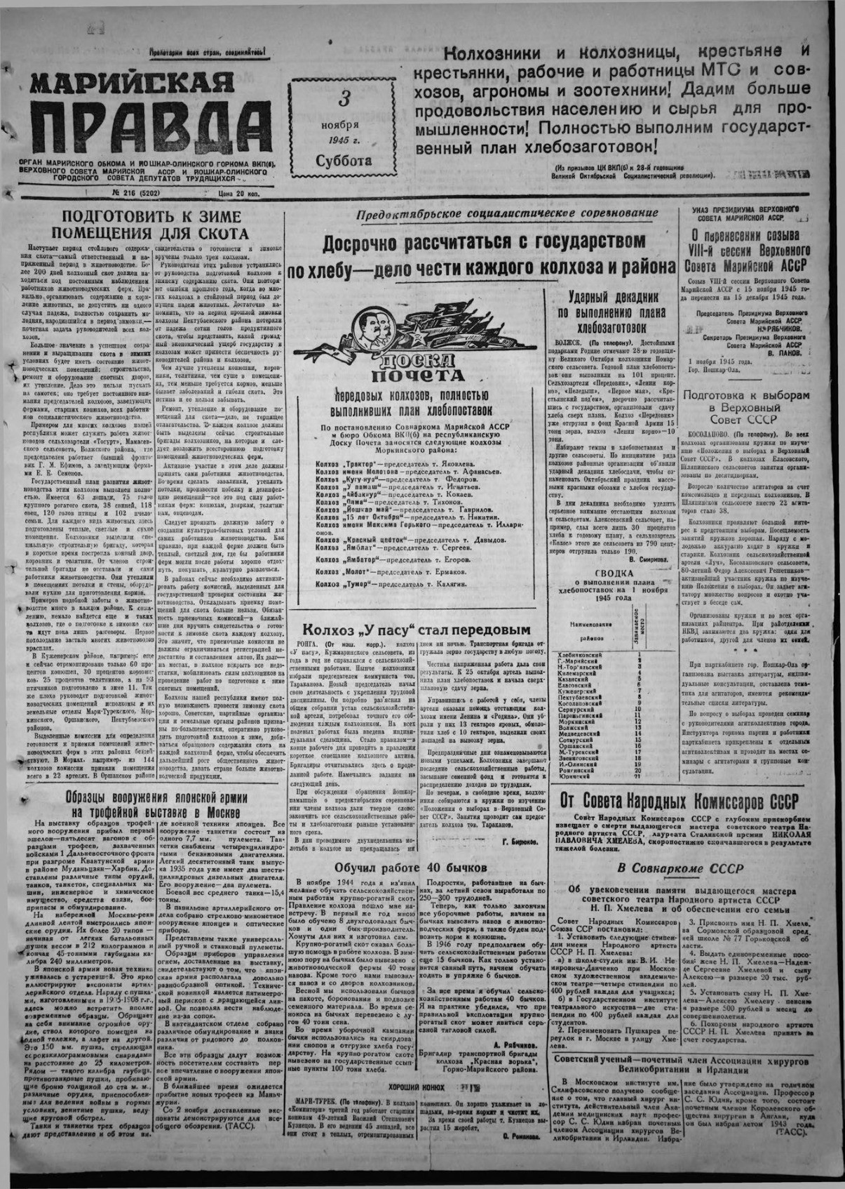 Газета «Марийская правда» от 03.11.1945
