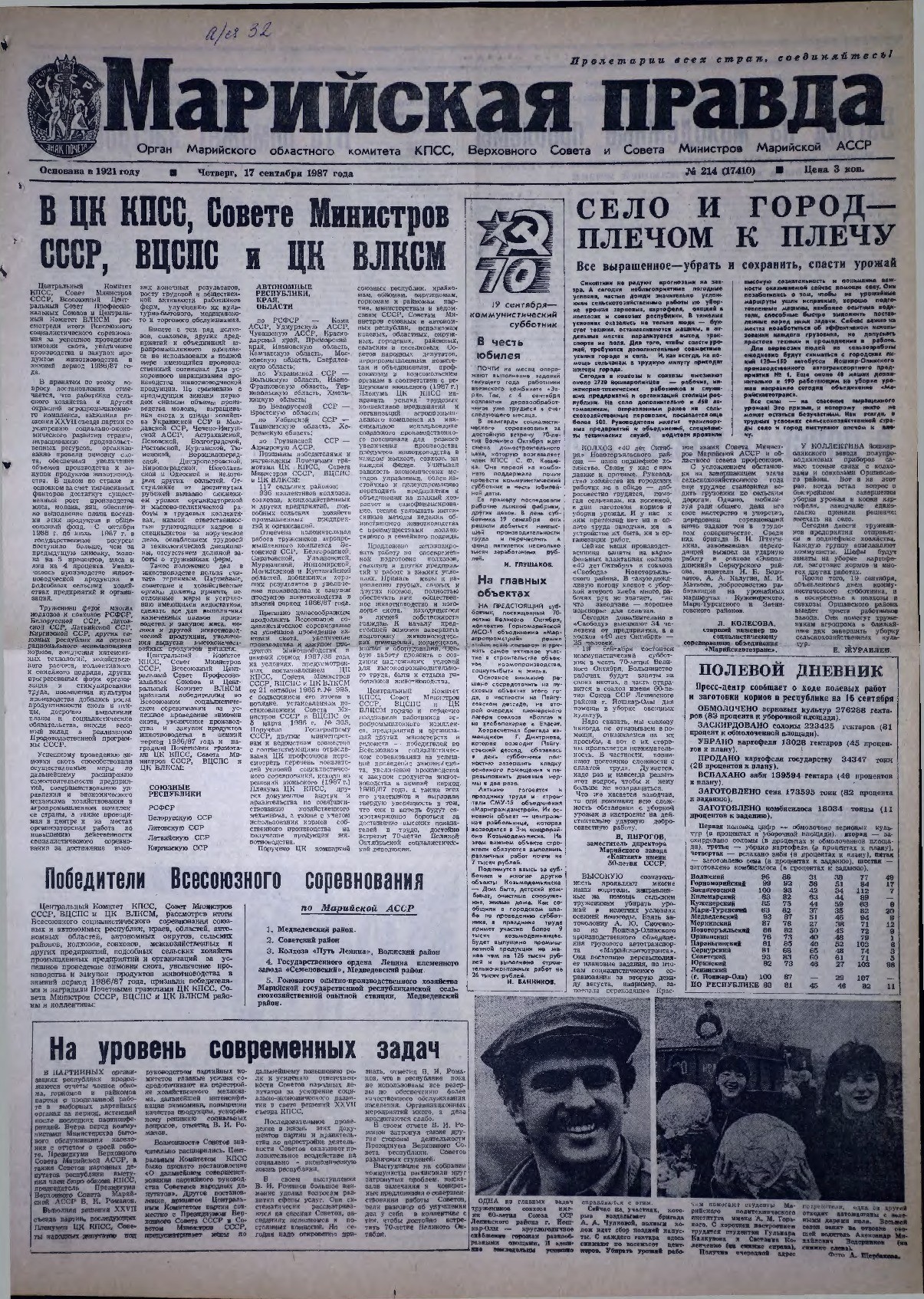Газета «Марийская правда» от 17.09.1987