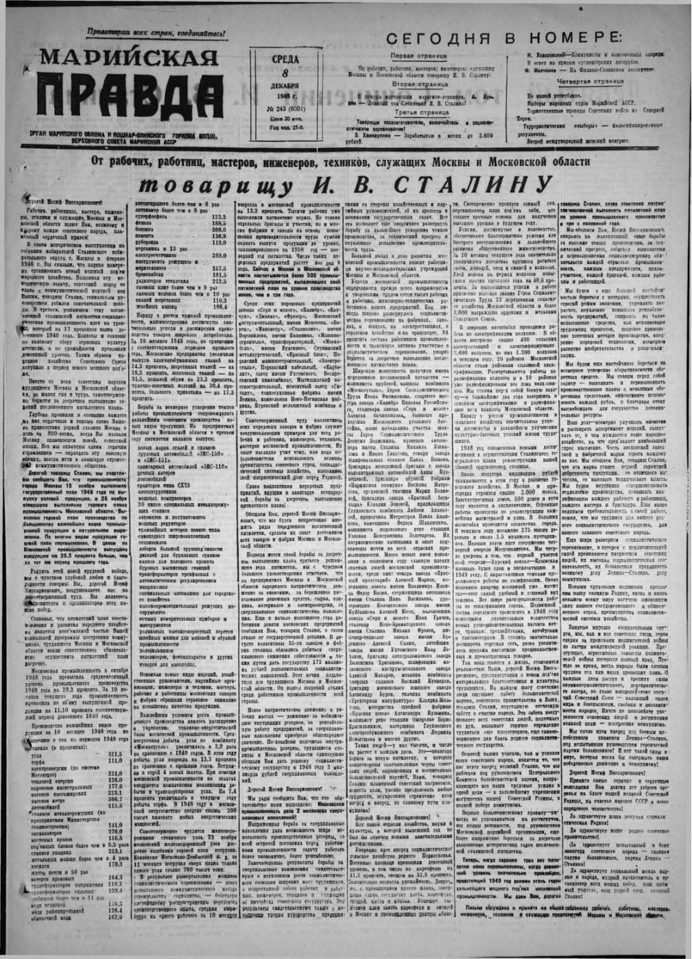 Газета «Марийская правда» от 08.12.1948
