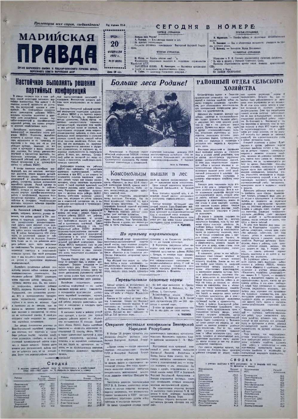 Газета «Марийская правда» от 20.02.1952