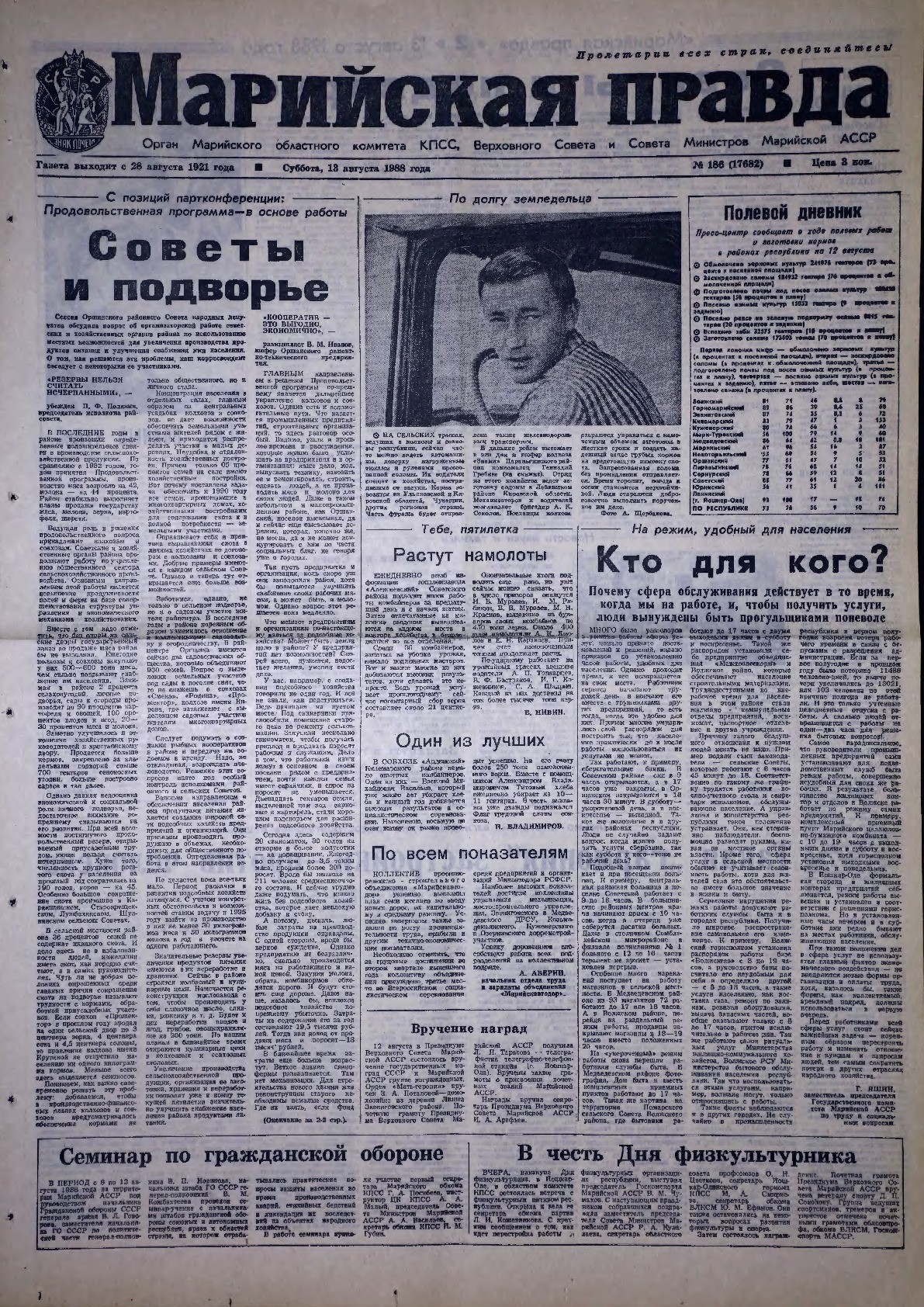 Газета «Марийская правда» от 13.08.1988