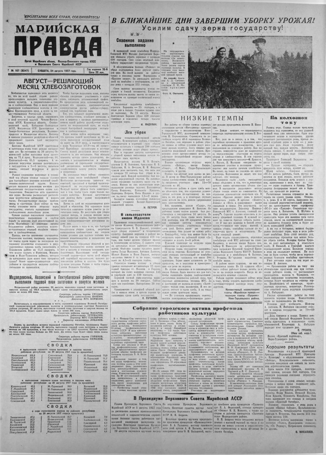 Газета «Марийская правда» от 24.08.1957
