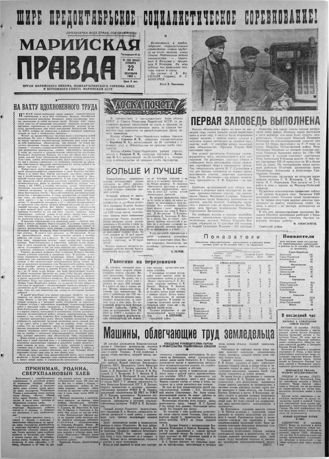 Газета «Марийская правда» от 22.09.1962
