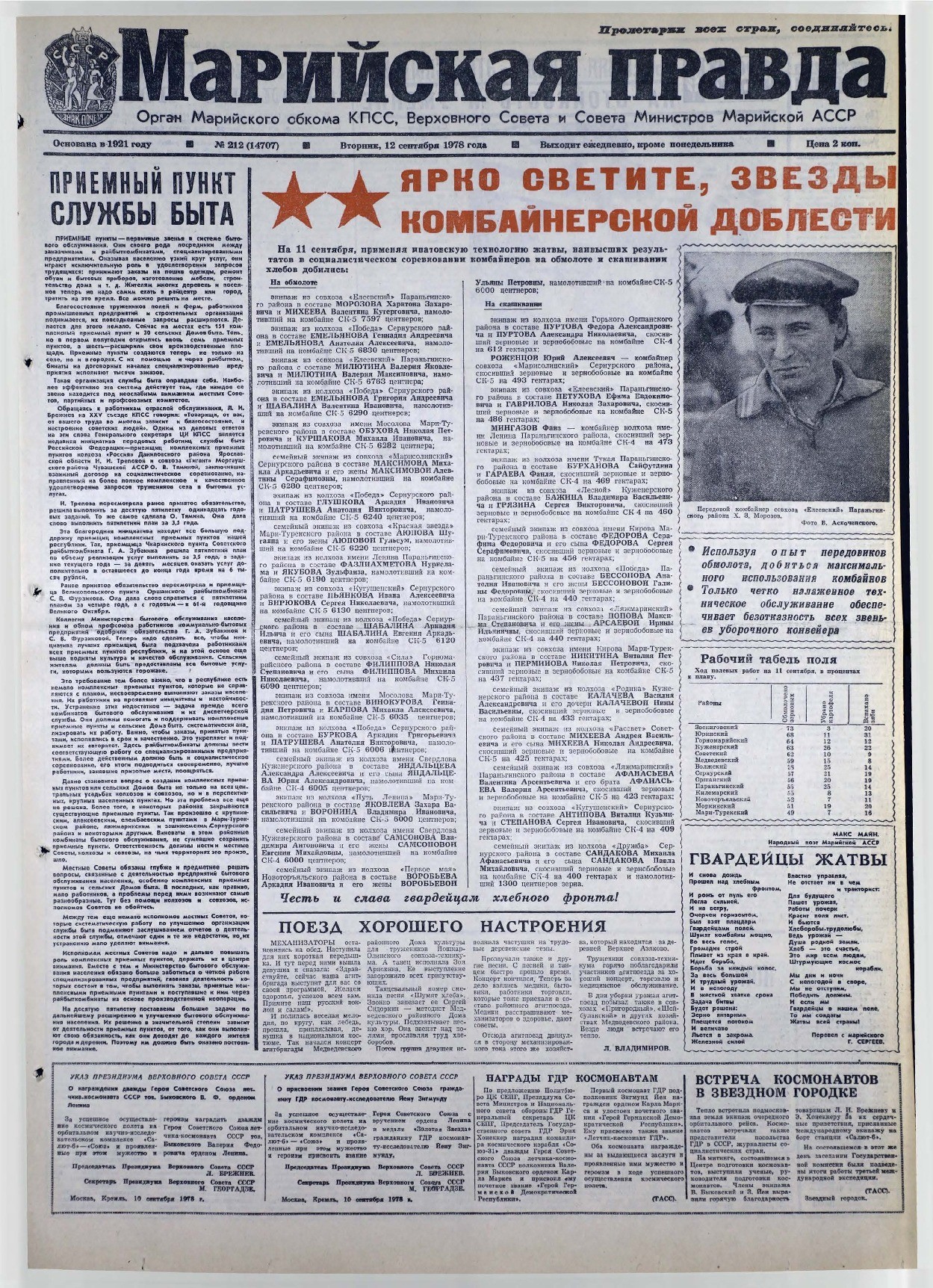 Газета «Марийская правда» от 12.09.1978