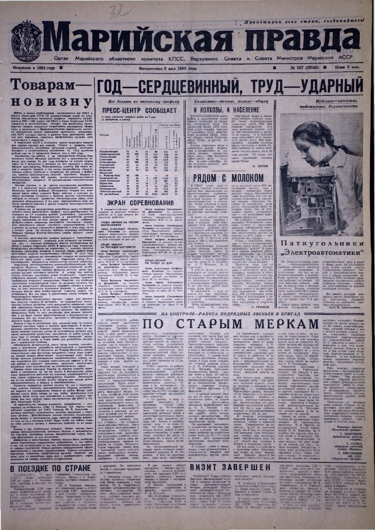 Газета «Марийская правда» от 08.05.1983