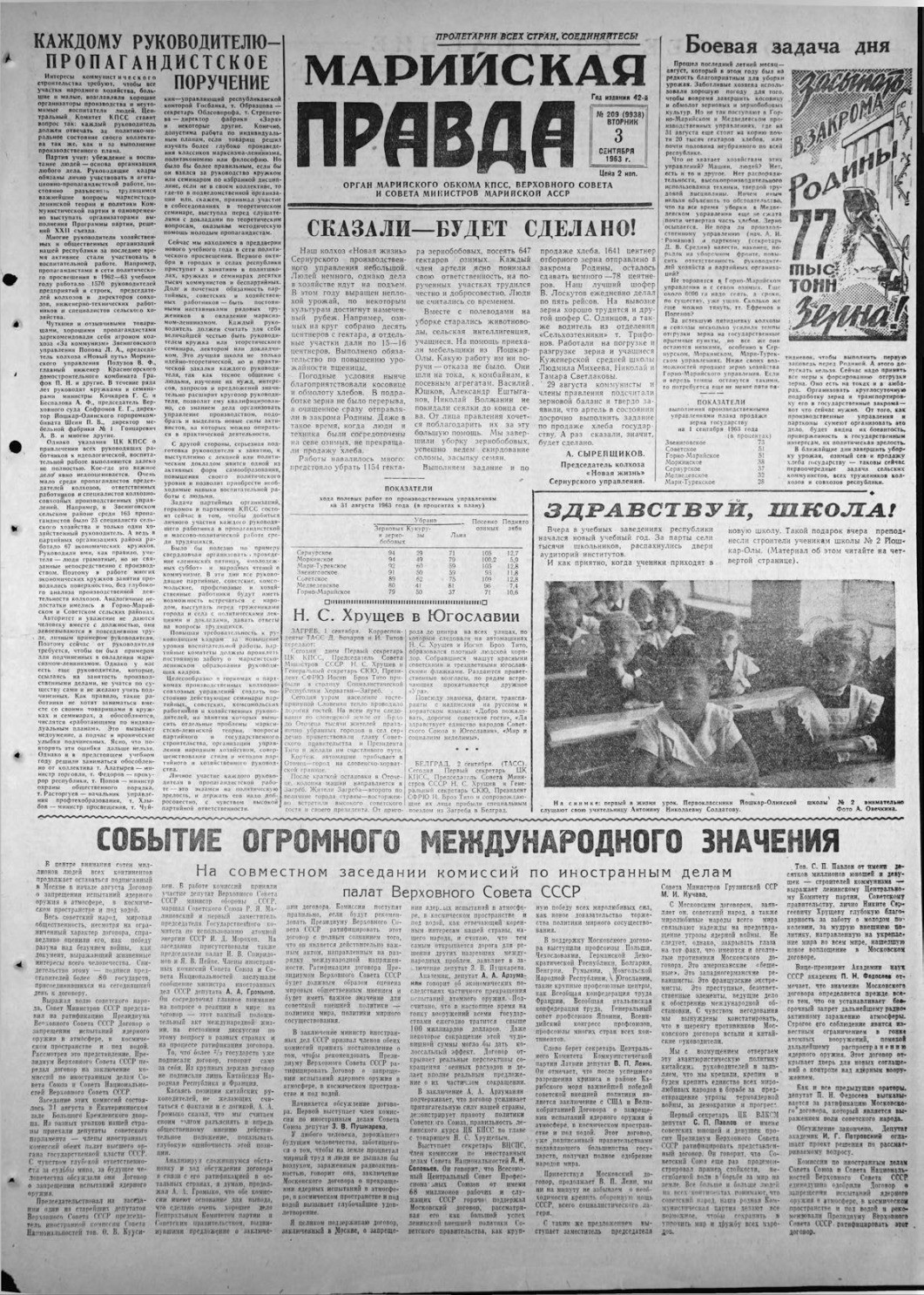 Газета «Марийская правда» от 03.09.1963