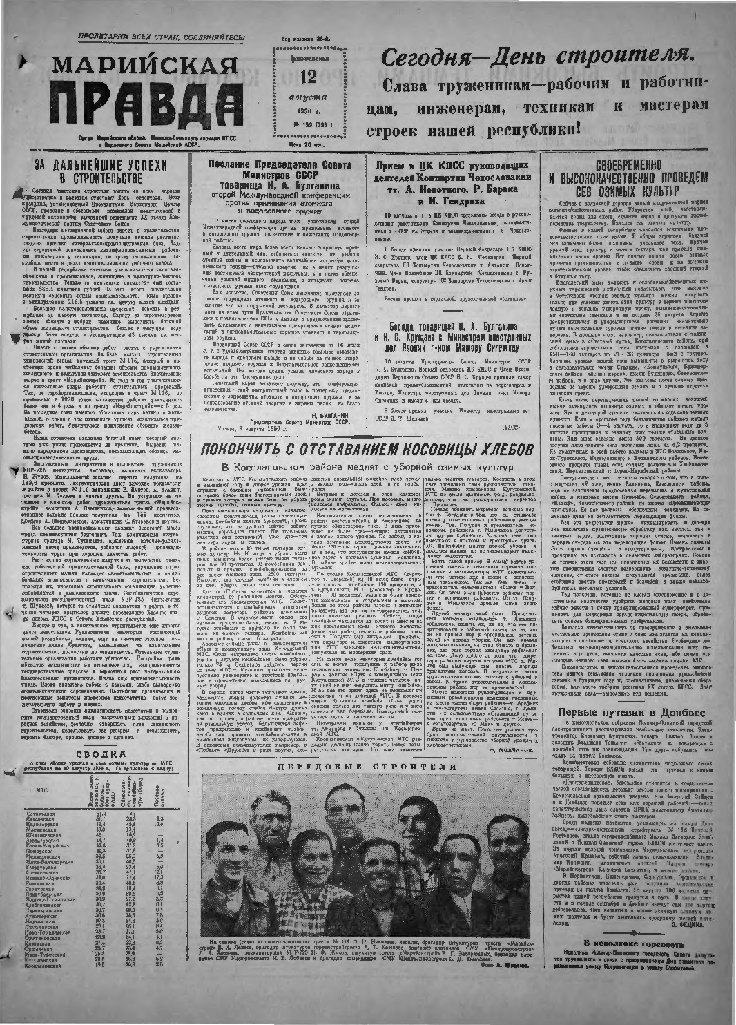 Газета «Марийская правда» от 12.08.1956