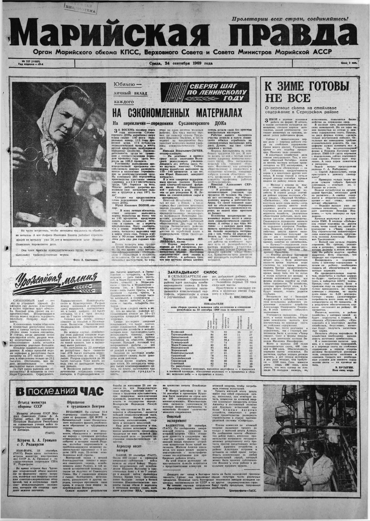 Газета «Марийская правда» от 24.09.1969