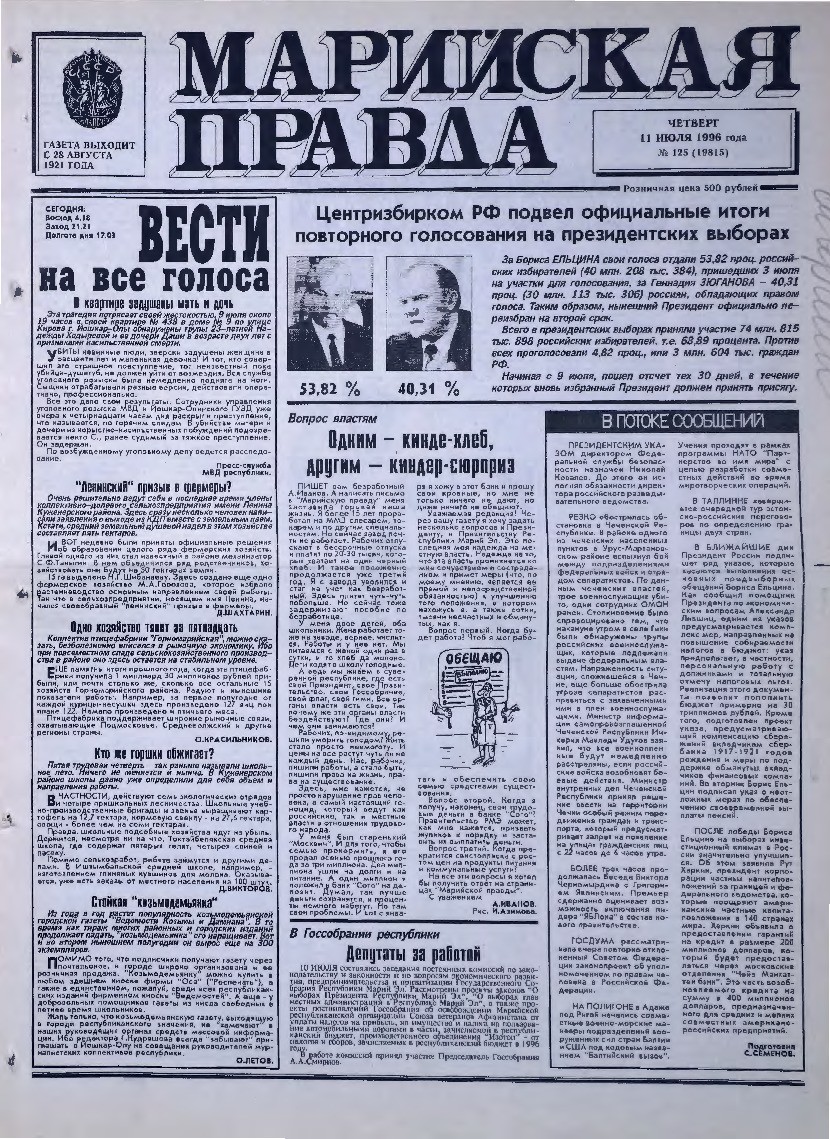 Газета «Марийская правда» от 11.07.1996