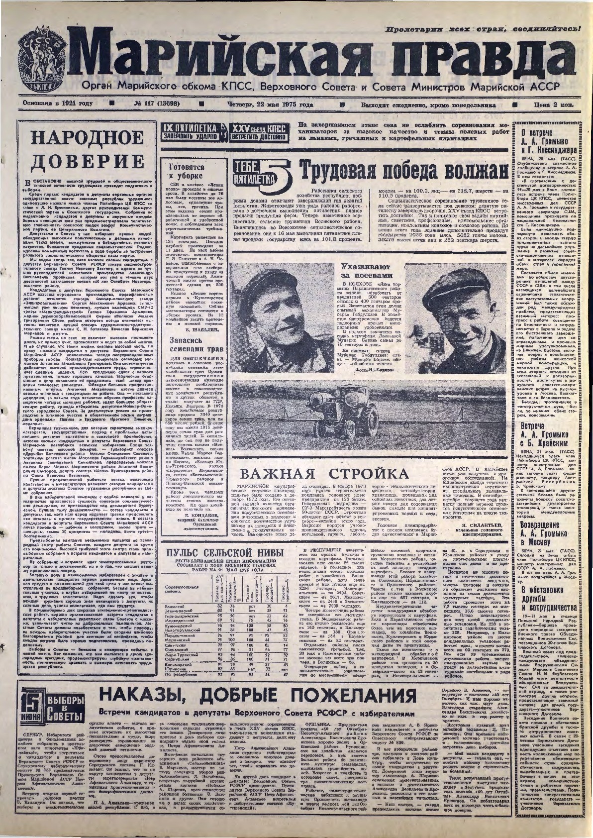 Газета «Марийская правда» от 22.05.1975