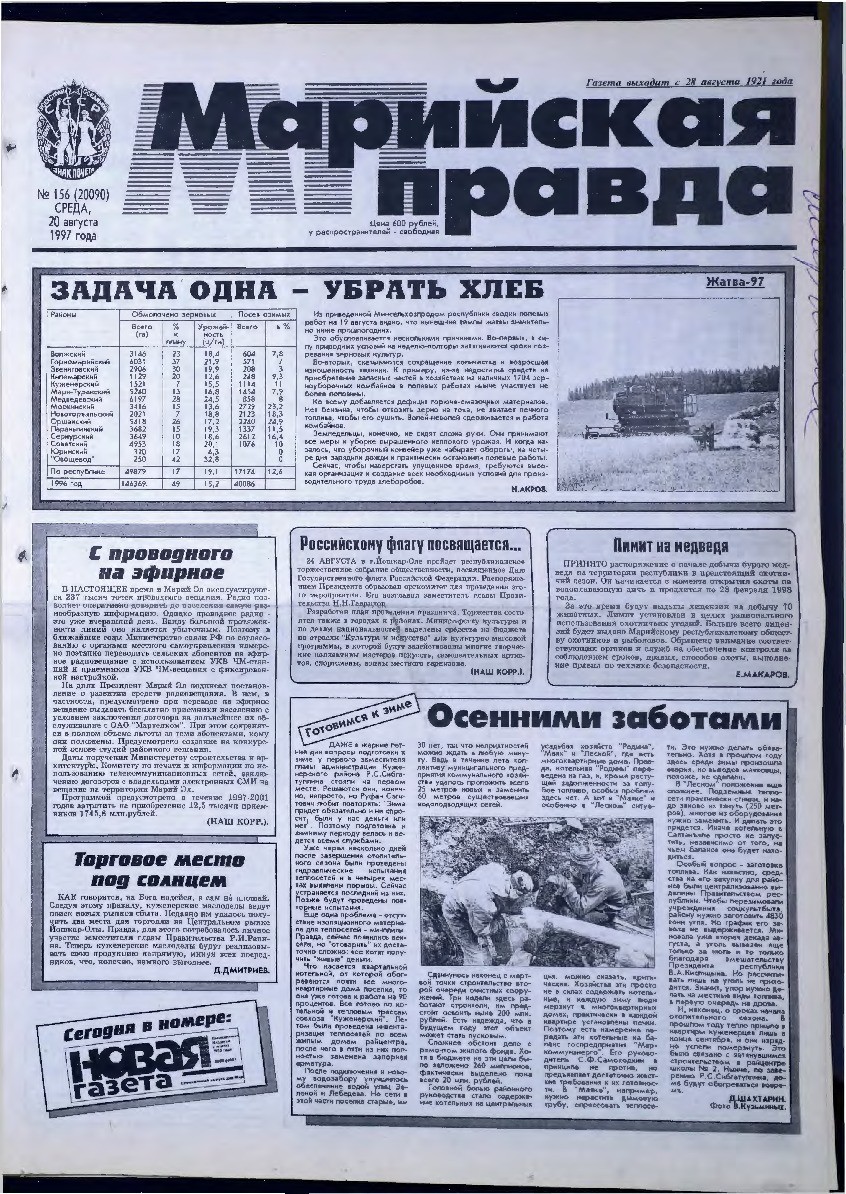 Газета «Марийская правда» от 20.08.1997