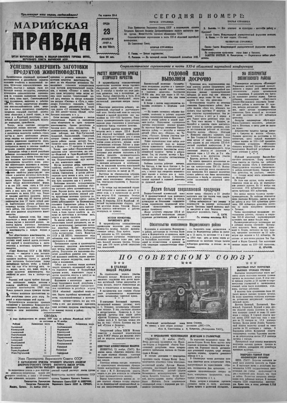 Газета «Марийская правда» от 23.11.1949