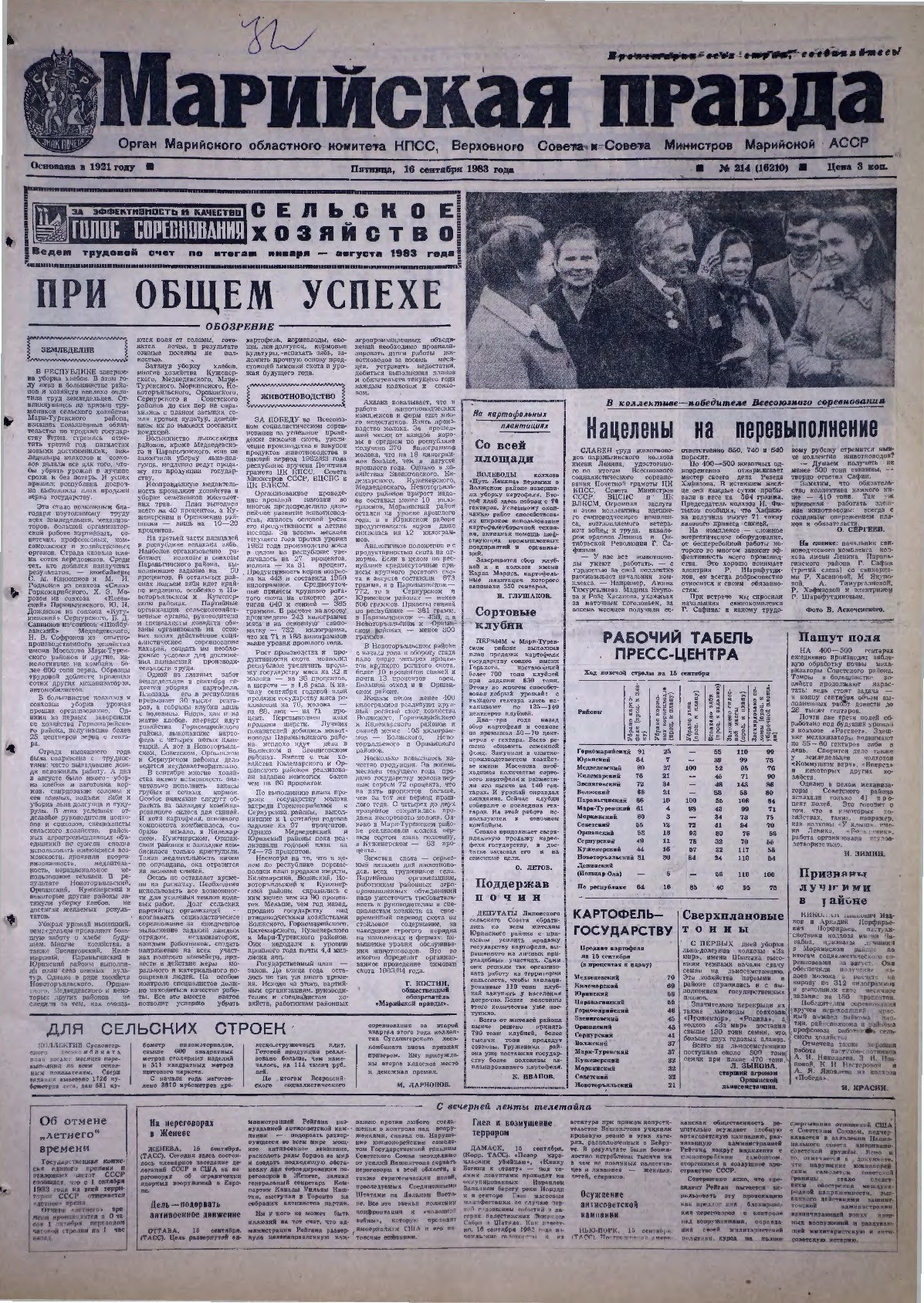 Газета «Марийская правда» от 16.09.1983
