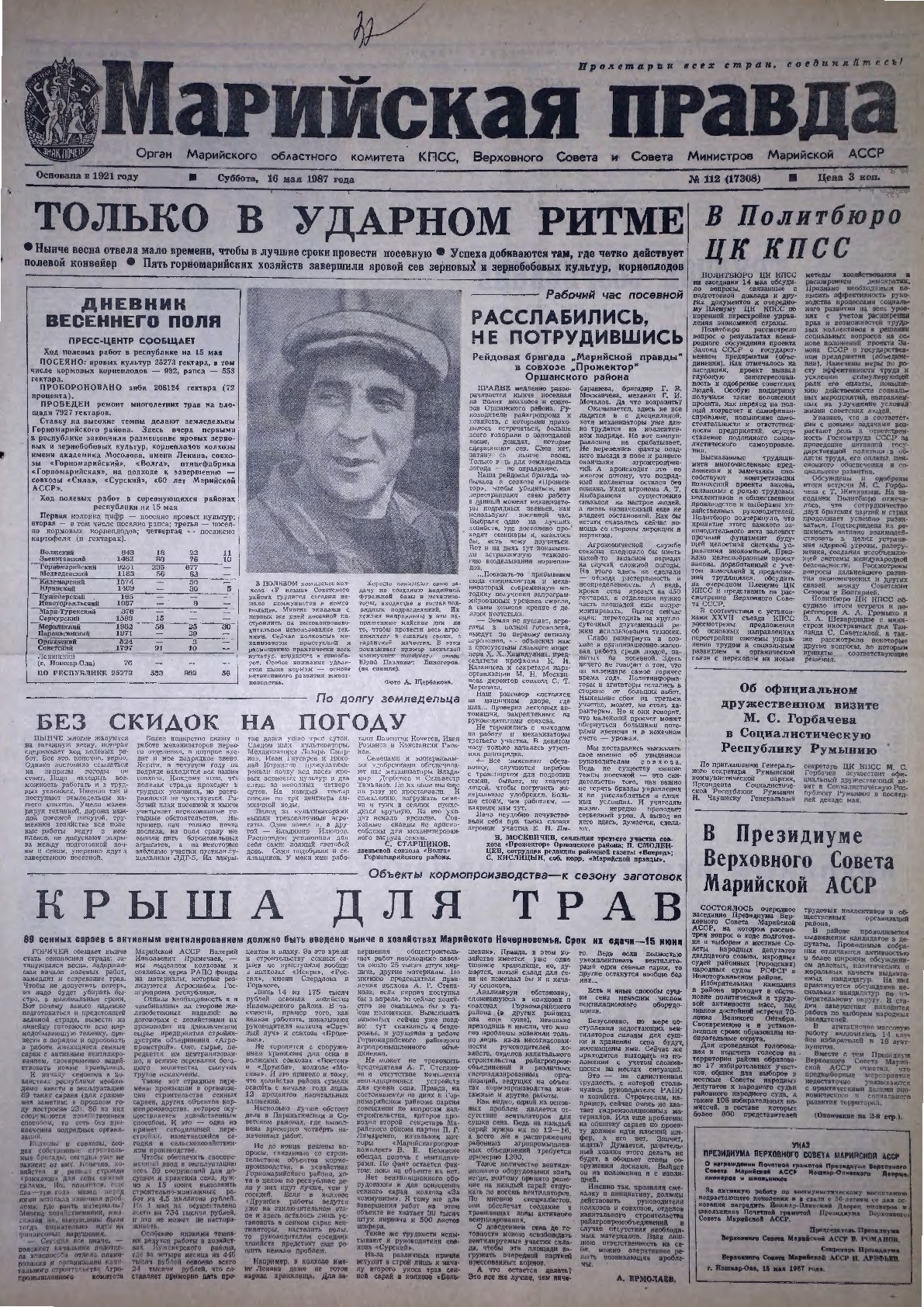 Газета «Марийская правда» от 16.05.1987