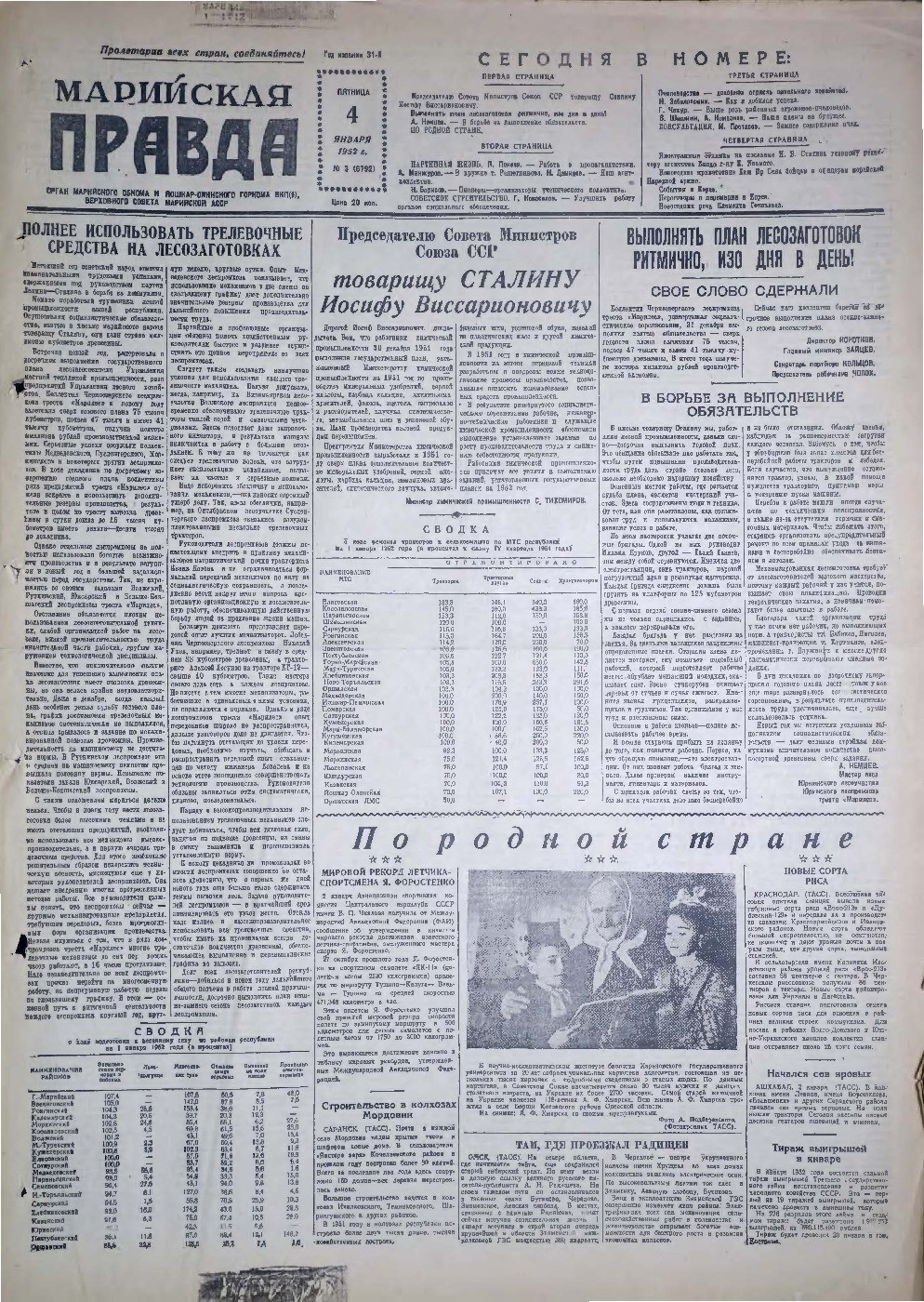 Газета «Марийская правда» от 04.01.1952
