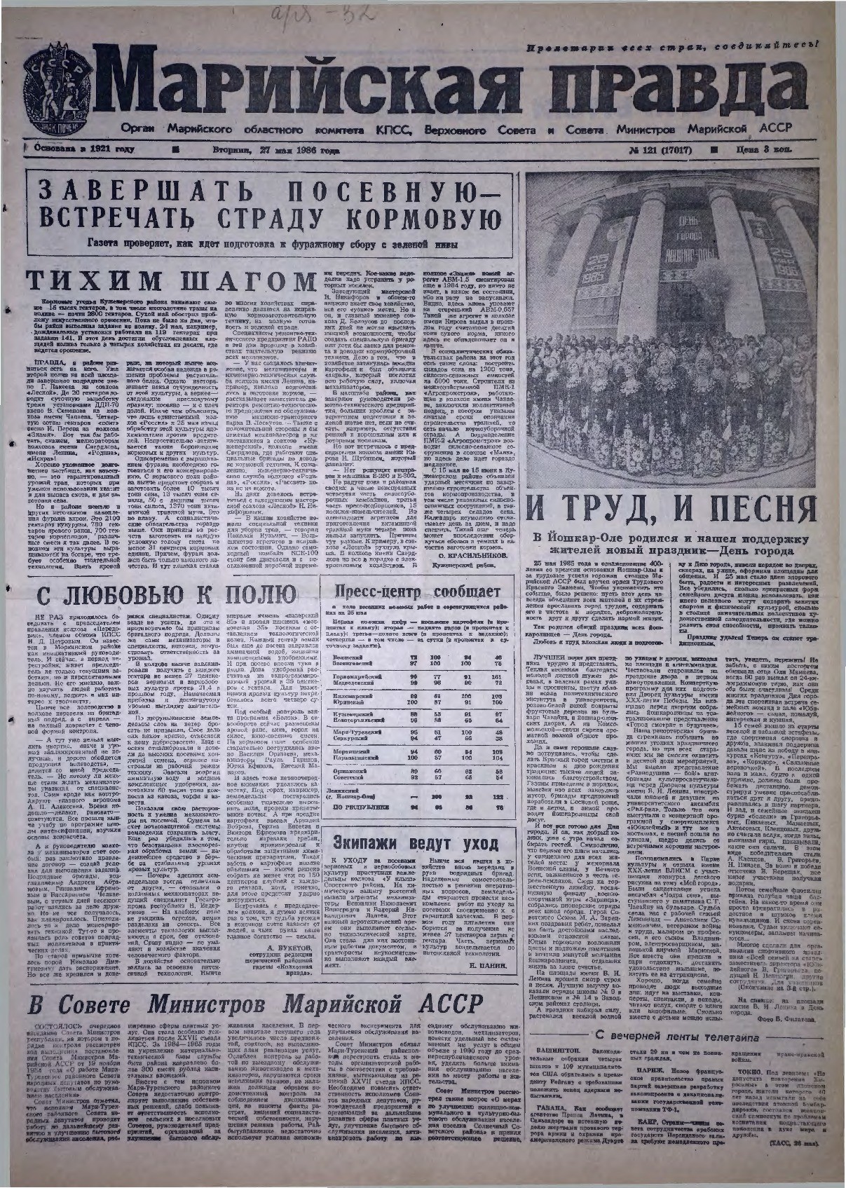 Газета «Марийская правда» от 27.05.1986