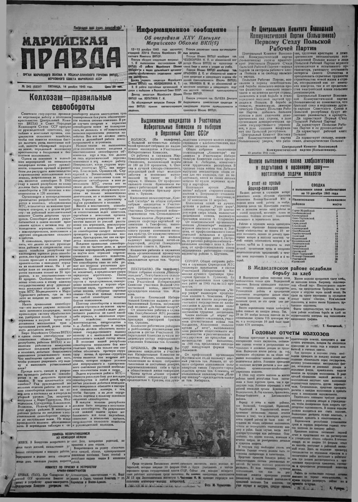 Газета «Марийская правда» от 14.12.1945