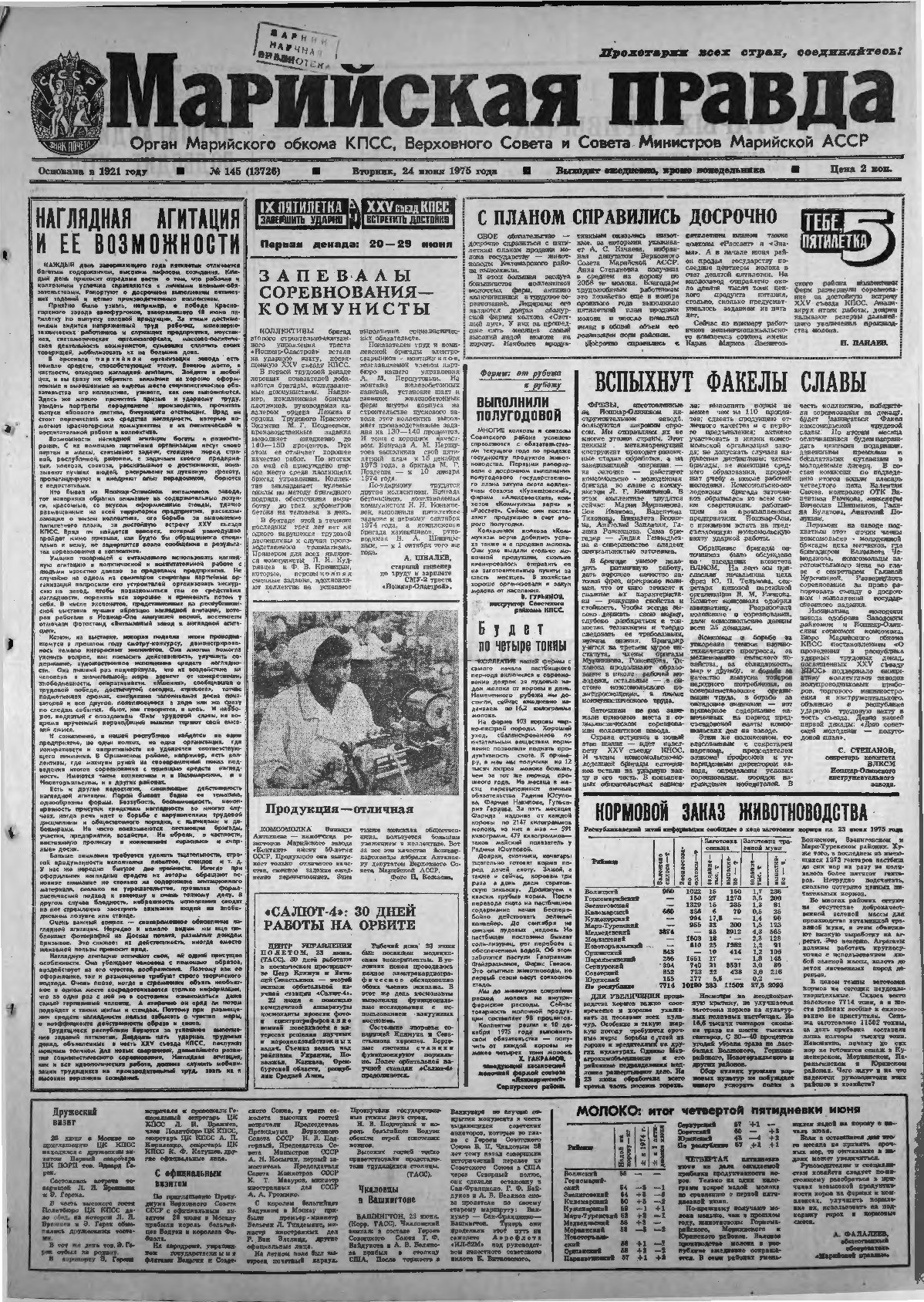 Газета «Марийская правда» от 24.06.1975
