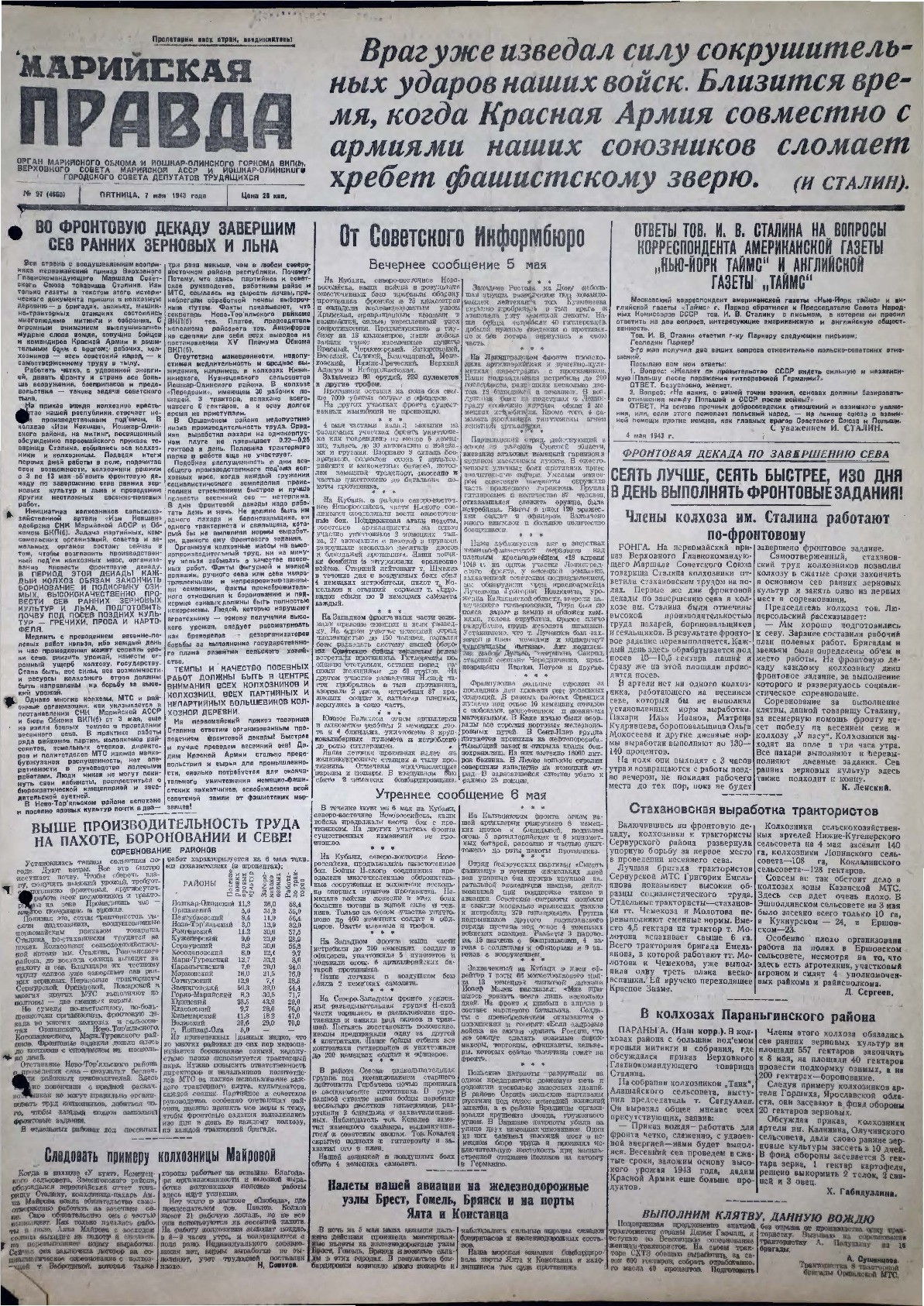Газета «Марийская правда» от 07.05.1943