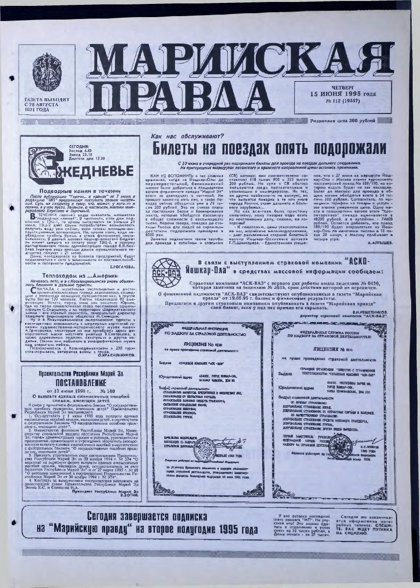 Газета «Марийская правда» от 15.06.1995